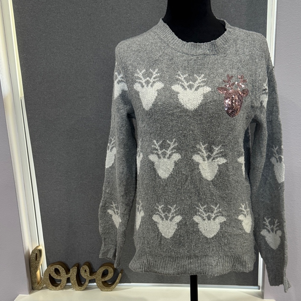 Holiday Time Gray Sweater with White Deer and Pink Sequin Accent
